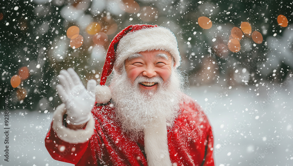 Chinese Santa Claus laughing and waving in a snowy holiday atmosphere Chinese Santa Claus laughing and waving in a snowy holiday atmosphere