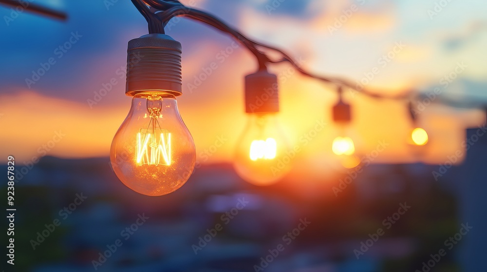 Close up picture of a string light bulbs at sunset on the rooftop Close up picture of a string light bulbs at sunset on the rooftop