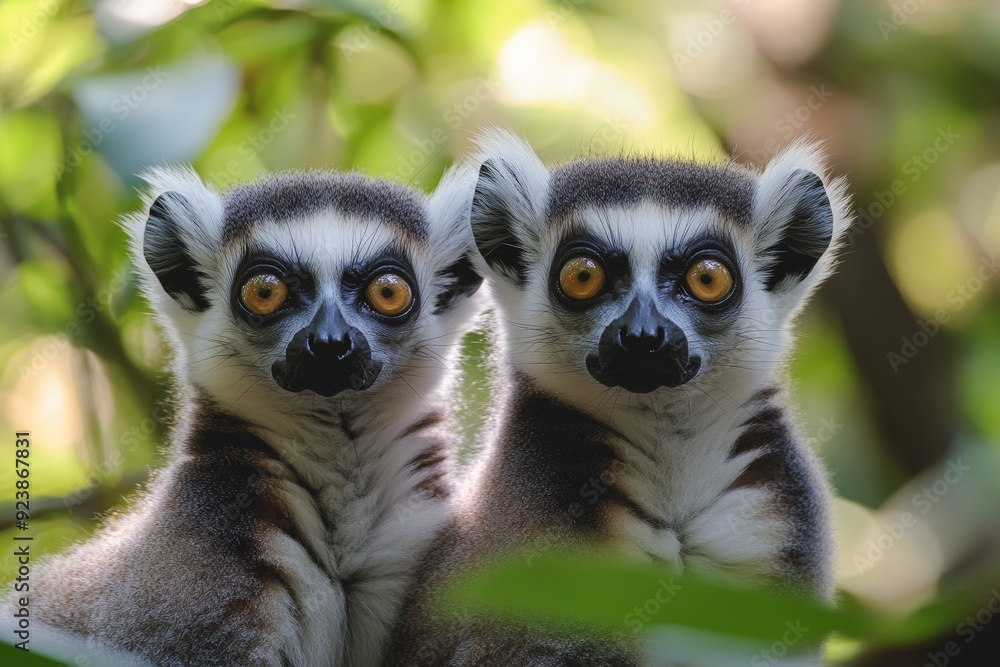 Obraz premium Two curious lemurs with wide eyes sit among leaves in a forest setting.