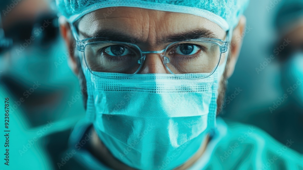 A close-up view of a focused surgeon wearing a mask and surgical cap in an operating room, with a medical team in the background, showcasing the intensity of surgery. A close-up view of a focused surgeon wearing a mask and surgical cap in an operating room, with a medical team in the background, showcasing the intensity of surgery.