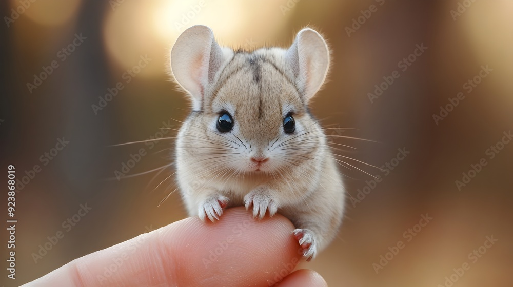 Adorable Miniature Chinchilla with Striking Blue Eyes Playfully Perched on Human Finger Adorable Miniature Chinchilla with Striking Blue Eyes Playfully Perched on Human Finger