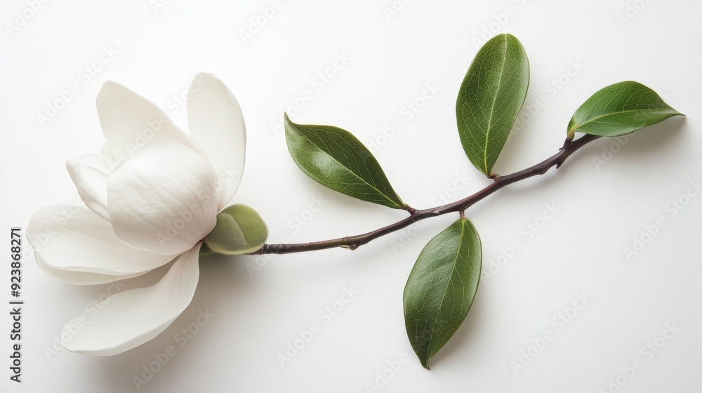 Delicate Magnolia Blossom with Green Leaves on White Background - A ...