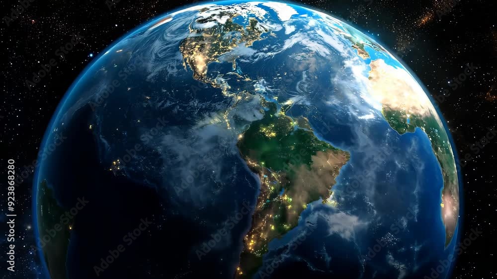 Rotating earth from space showing north and south america