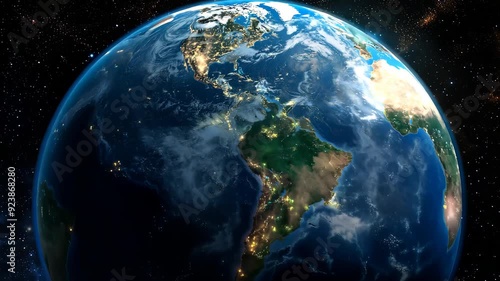 Rotating earth from space showing north and south america