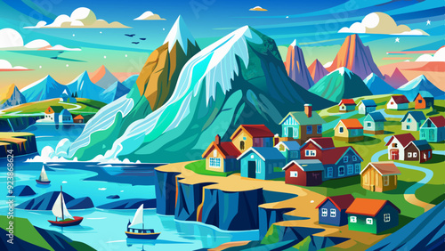 Panoramic view of colorful Kulusuk village in East Greenland - Greenland - Melting of a iceberg and pouring water into the sea