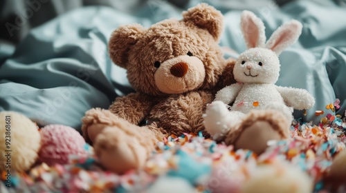 A warm, cozy image featuring a plush teddy bear and a soft bunny toy sitting together amidst colorful confetti on a smooth fabric backdrop, evoking feelings of friendship and joy. photo