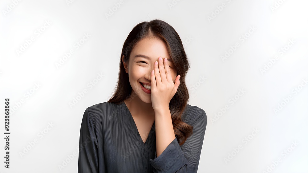 A woman is sincerely enjoying life. A beautiful girl covers her face with her hand from joy. A happy person, a smile on her face. A woman is sincerely enjoying life. A beautiful girl covers her face with her hand from joy. A happy person, a smile on her face.