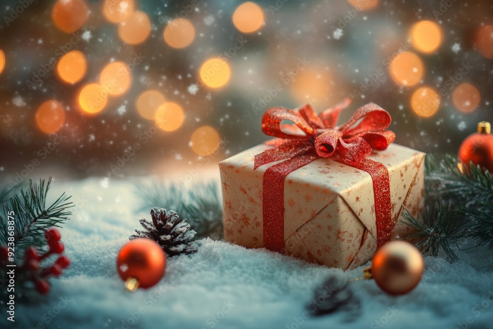 A beautifully wrapped Christmas gift with a red ribbon surrounded by snow and festive decor. A beautifully wrapped Christmas gift with a red ribbon surrounded by snow and festive decor.