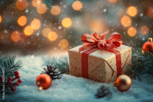 A beautifully wrapped Christmas gift with a red ribbon surrounded by snow and festive decor.