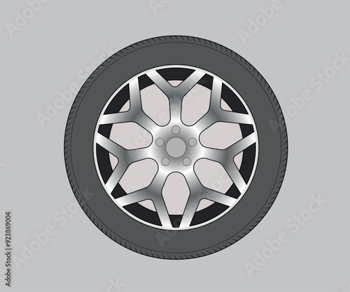 Black tire with steel wheel on white background,