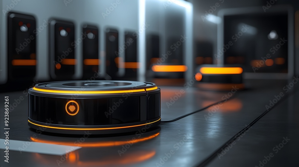 Robot Vacuum Docking: A 16:9 image of a robot vacuum docking at its charging station in a smart home, with other cleaning robots visible. Robot Vacuum Docking: A 16:9 image of a robot vacuum docking at its charging station in a smart home, with other cleaning robots visible.