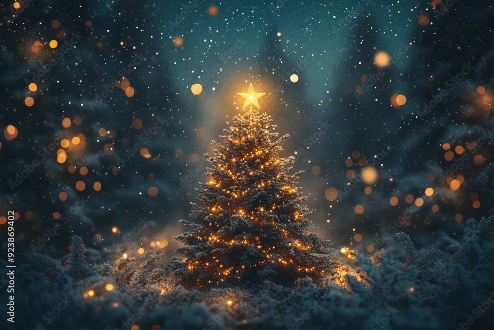 A beautifully lit Christmas tree in the middle of a snow-covered forest, topped with a glowing star. A beautifully lit Christmas tree in the middle of a snow-covered forest, topped with a glowing star.