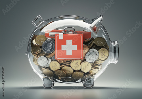 Transparent piggy bank filled with coins and a first aid kit on top, symbolizing the concept of financial healthcare against a gray background photo