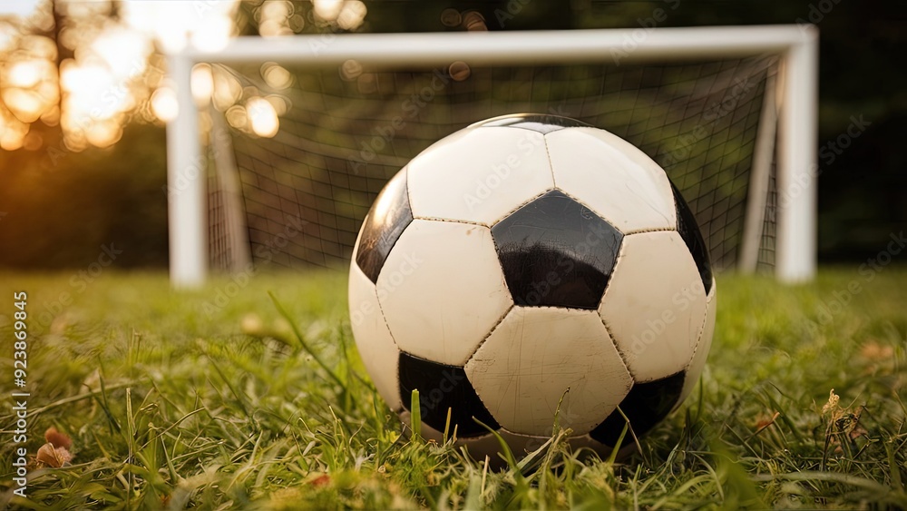 Obraz premium Soccer Ball on Grass Field at Sunset