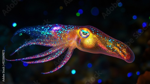 A giant squid, its tentacles adorned with glowing bioluminescent suckers, drifts through the depths of an ocean teeming with bioluminescent plankton. The squid's massive eye, reflecting the