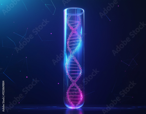 Futuristic test tube containing DNA on a dark blue background with a low poly design and neon lighting