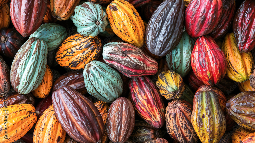 A bunch of colorful cacao beans are piled together. The beans are of different colors. A bunch of colorful cacao beans are piled together. The beans are of different colors.