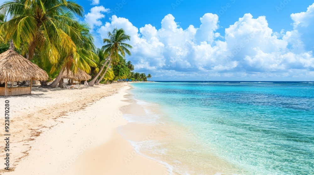 Fototapeta premium Tropical Paradise Beach with White Sand, Turquoise Waters, and Palm Trees under a Sunny Sky