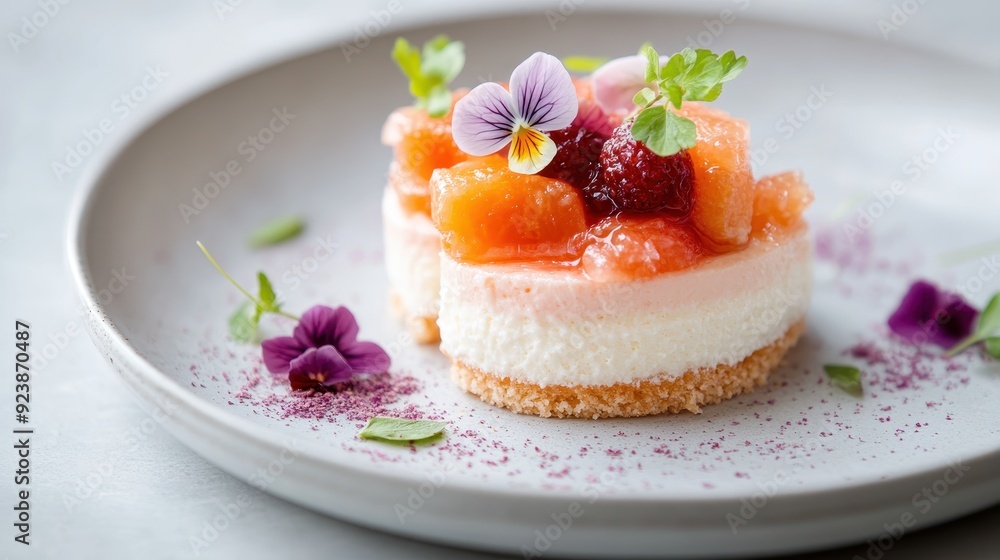 A beautifully crafted dessert featuring a round base, adorned with fresh fruits and colorful flowers, showcased on a white plate, highlighting the creative culinary presentation. A beautifully crafted dessert featuring a round base, adorned with fresh fruits and colorful flowers, showcased on a white plate, highlighting the creative culinary presentation.