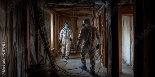 Asbestos or lead paint abatement with bunny suits in safe environment.