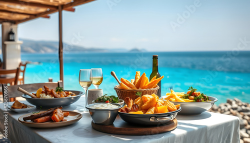 Typical Greek dishes served on a Greek tavern table with the Aegean Sea in the background and bright summer day in the south of Crete isolated with white highlights, png photo