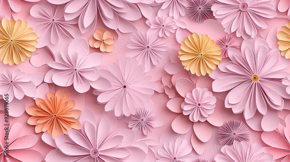Delicate 3D flowers crafted with quilling techniques in pastel shades of pink, peach, and yellow create a cheerful spring-inspired pattern SEAMLESS PATTERN Delicate 3D flowers crafted with quilling techniques in pastel shades of pink, peach, and yellow create a cheerful spring-inspired pattern SEAMLESS PATTERN