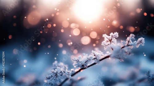 A frosty branch adorned with snowflakes is captured in front of a beautiful, blurred background filled with glowing bokeh lights, evoking a serene, wintery feel. photo