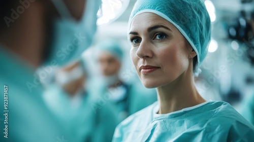 A female surgeon, dressed in scrubs and a cap, is seen in an operating room, looking focused and prepared while other medical professionals are present in the background. photo