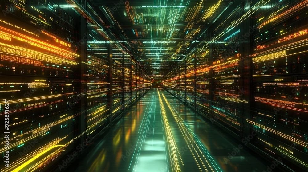A vast, ethereal server room stretches into infinity, rows upon rows of servers pulsing with multicolored light representing the constant flow of data. Luminous lines of code stream between servers, A vast, ethereal server room stretches into infinity, rows upon rows of servers pulsing with multicolored light representing the constant flow of data. Luminous lines of code stream between servers,