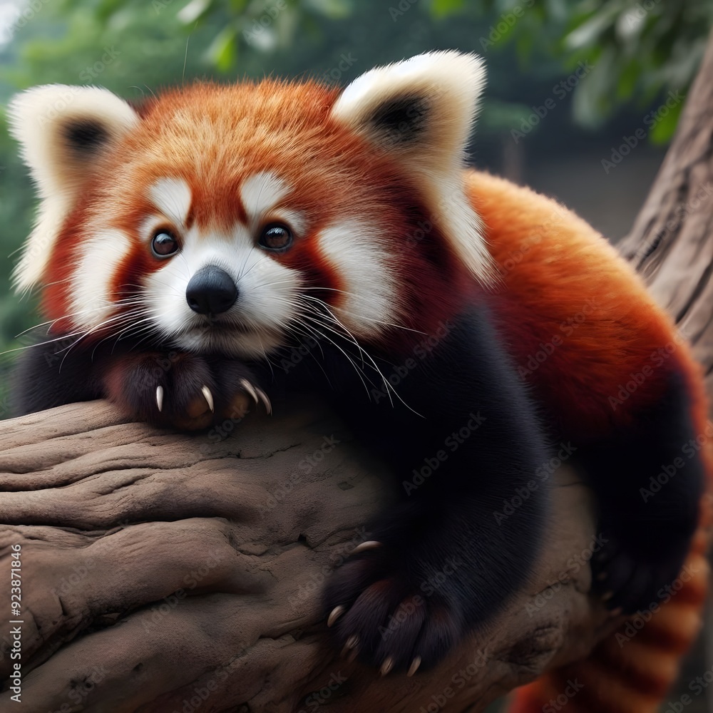 Fototapeta premium A red panda is leaning against a wooden log