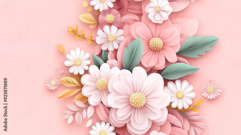 Delicate 3D flowers crafted with quilling techniques in pastel shades of pink, peach, and yellow create a cheerful spring-inspired pattern. SEAMLESS PATTERN Delicate 3D flowers crafted with quilling techniques in pastel shades of pink, peach, and yellow create a cheerful spring-inspired pattern. SEAMLESS PATTERN
