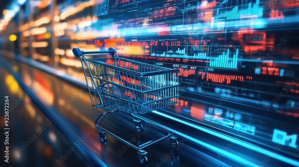 A shopping cart is shown in a futuristic setting with a bright blue background A shopping cart is shown in a futuristic setting with a bright blue background