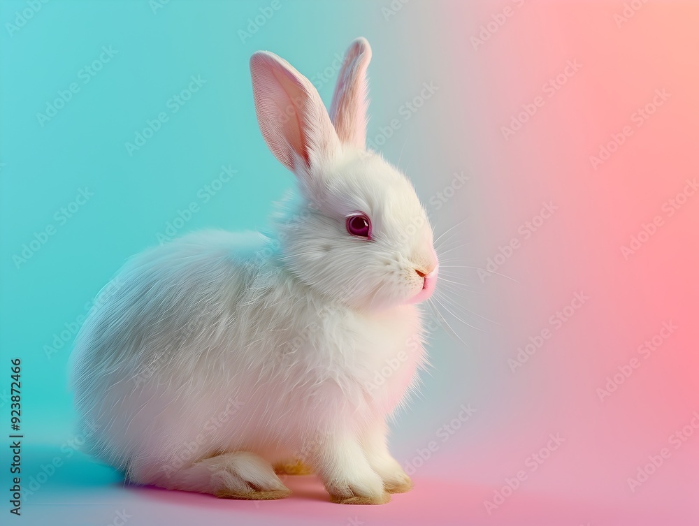 Fluffy White Bunny Rabbit on Pastel Gradient Background Joyful Easter Holiday Concept Fluffy White Bunny Rabbit on Pastel Gradient Background Joyful Easter Holiday Concept