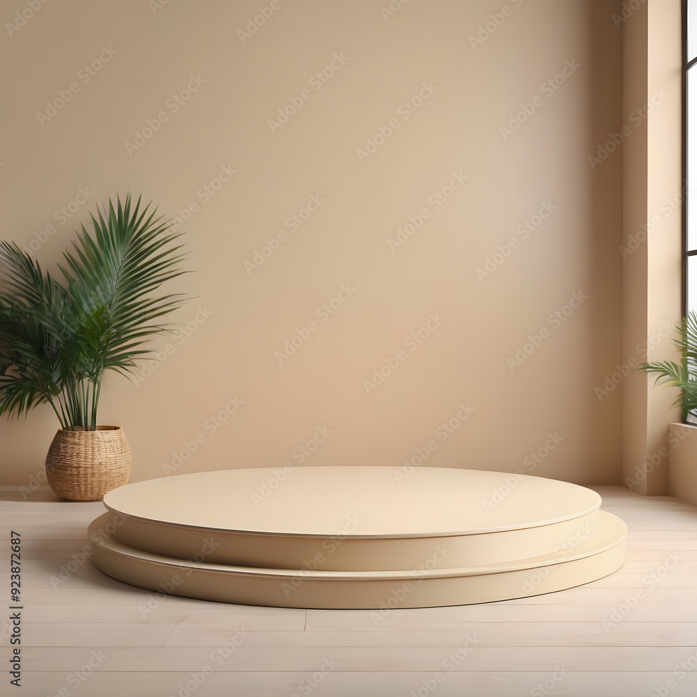 beige podium in room with palm tree. beige podium in room with palm tree.
