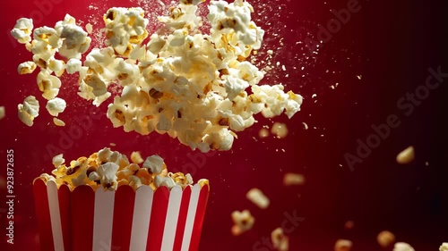 Overflowing popcorn explosion in striped bucket against red background