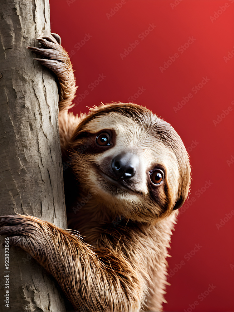 Fototapeta premium Cute sloth hanging on a tree and looking at the camera.