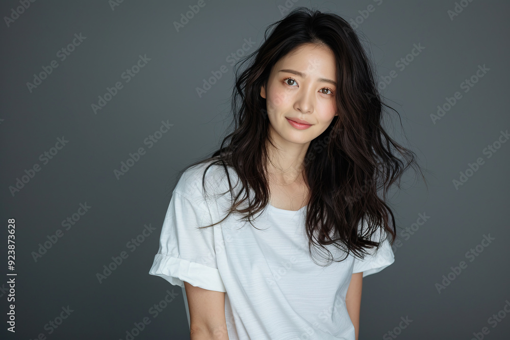 Natural portrait of a young Asian woman with a soft smile, wearing a white t-shirt against a grey background. Natural portrait of a young Asian woman with a soft smile, wearing a white t-shirt against a grey background.