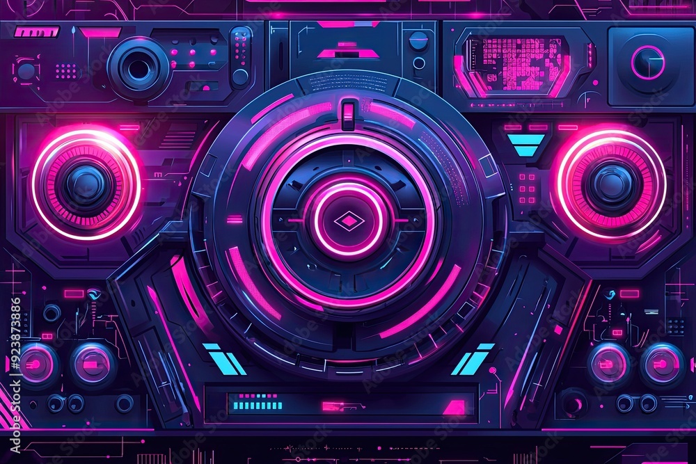Futuristic control panel with vibrant neon lights and intricate circuits, perfect for tech and music-related themes. Futuristic control panel with vibrant neon lights and intricate circuits, perfect for tech and music-related themes.