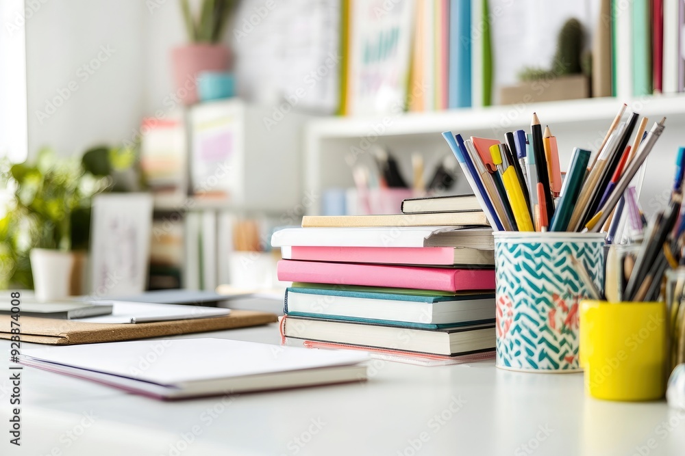 Cropped shot of trendy workspace with books, designer supplies and copy space on white table, ai Cropped shot of trendy workspace with books, designer supplies and copy space on white table, ai