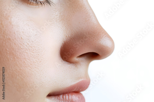 Woman's nose close up side view isolated on white background