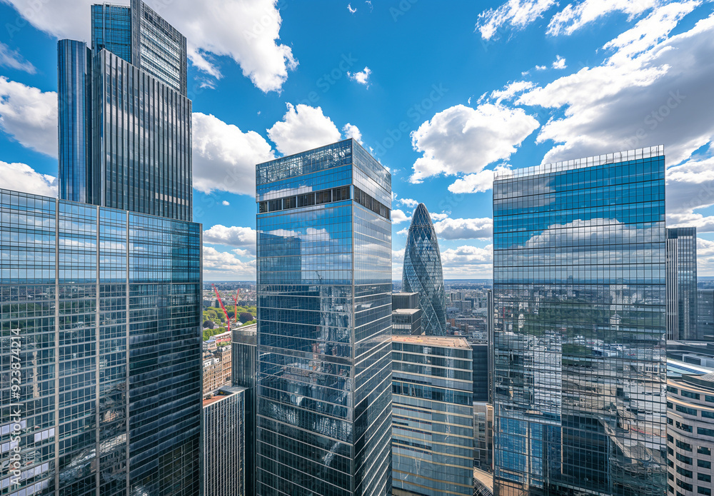 Obraz premium Modern skyscrapers with glass facades in London's business district reflect the blue sky and clouds during the day
