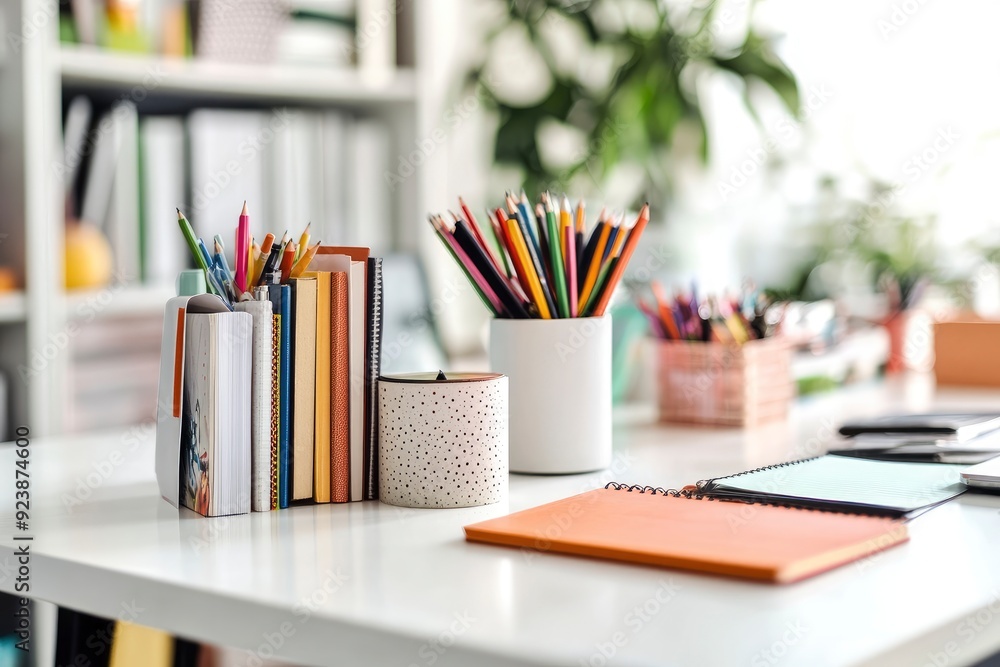 Cropped shot of trendy workspace with books, designer supplies and copy space on white table , ai Cropped shot of trendy workspace with books, designer supplies and copy space on white table , ai