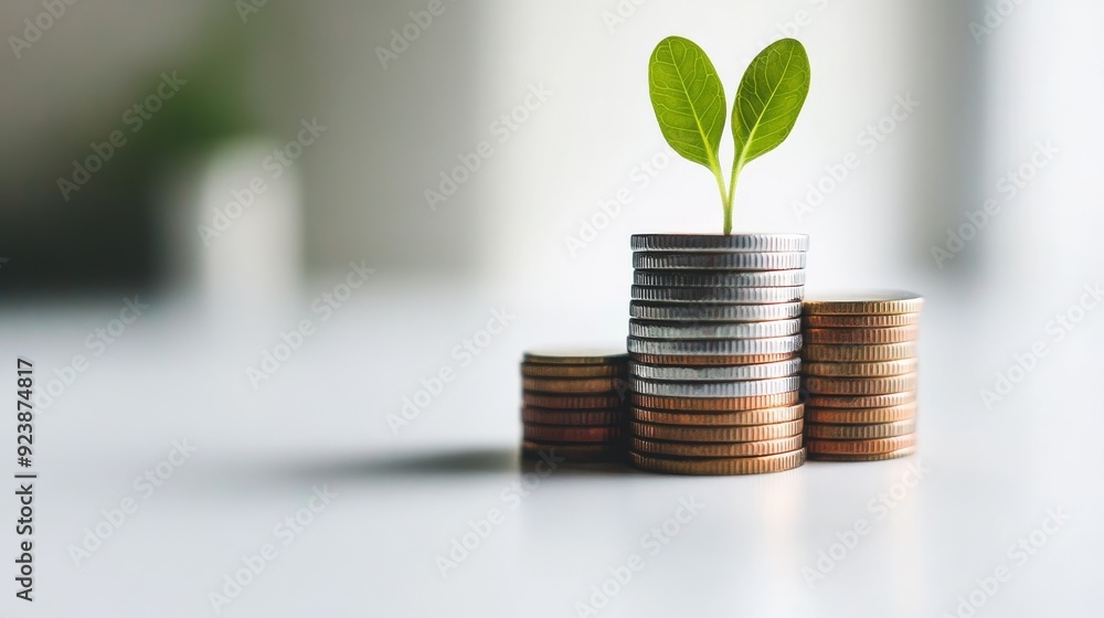 An increasing stack of coins with a small sprout growing from the top coin, showcasing financial advancement, with a clean white background An increasing stack of coins with a small sprout growing from the top coin, showcasing financial advancement, with a clean white background