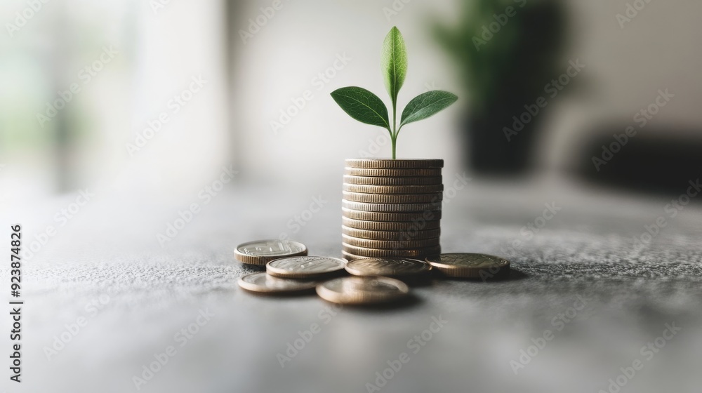 An increasing stack of coins with a small sprout growing from the top coin, showcasing financial advancement, with a clean white background An increasing stack of coins with a small sprout growing from the top coin, showcasing financial advancement, with a clean white background