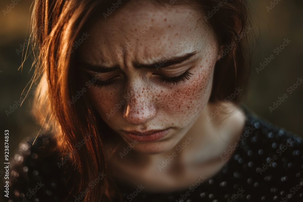 Serene moment of freckled young woman with closed eyes Serene moment of freckled young woman with closed eyes