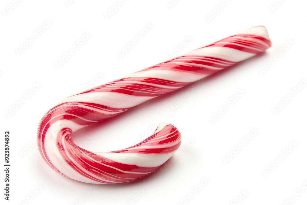 Classic red and white striped candy cane isolated on white background, a traditional sweet treat for the holidays. Classic red and white striped candy cane isolated on white background, a traditional sweet treat for the holidays.