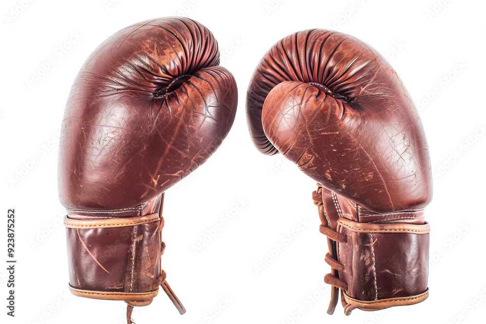 Obraz premium Vintage brown leather boxing gloves, well-worn and full of character, representing the history of boxing. 