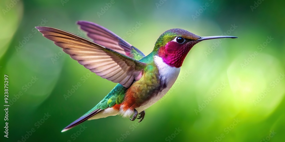 Fototapeta premium Vibrant White-bellied Woodstar hummingbird in mid-air, iridescent feathers shimmering, wings beating rapidly, against a soft, blurred forest background in stunning 4K resolution detail.