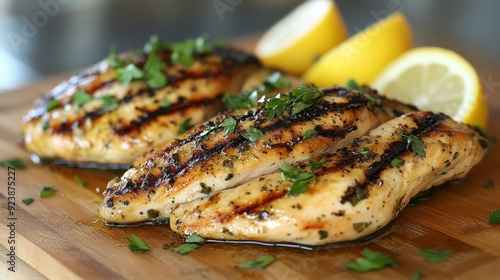 Grilled Chicken Breast with Lemon and Herbs - Two juicy, grilled chicken breasts with lemon slices and fresh herbs. This image evokes a sense of healthy eating, summer grilling, and flavorful cuisine.