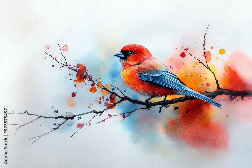 A bird is perched on a branch with a splash of color. The bird is red and blue, and it is sitting on a branch that is surrounded by splatters of paint. The painting has a vibrant and lively feel to it A bird is perched on a branch with a splash of color. The bird is red and blue, and it is sitting on a branch that is surrounded by splatters of paint. The painting has a vibrant and lively feel to it